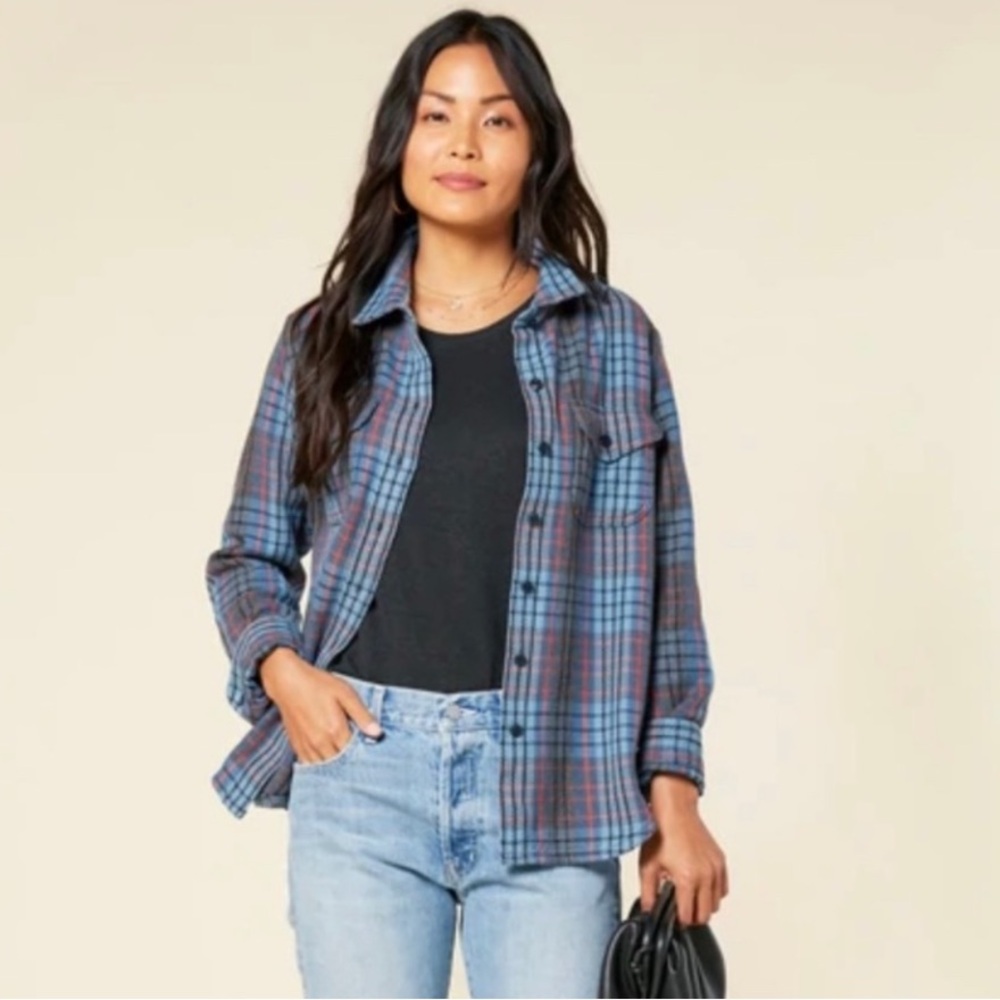 Outerknown Blanket Shirt - Blue, Grey, and Orange/Red Plaid - Size: XS/S